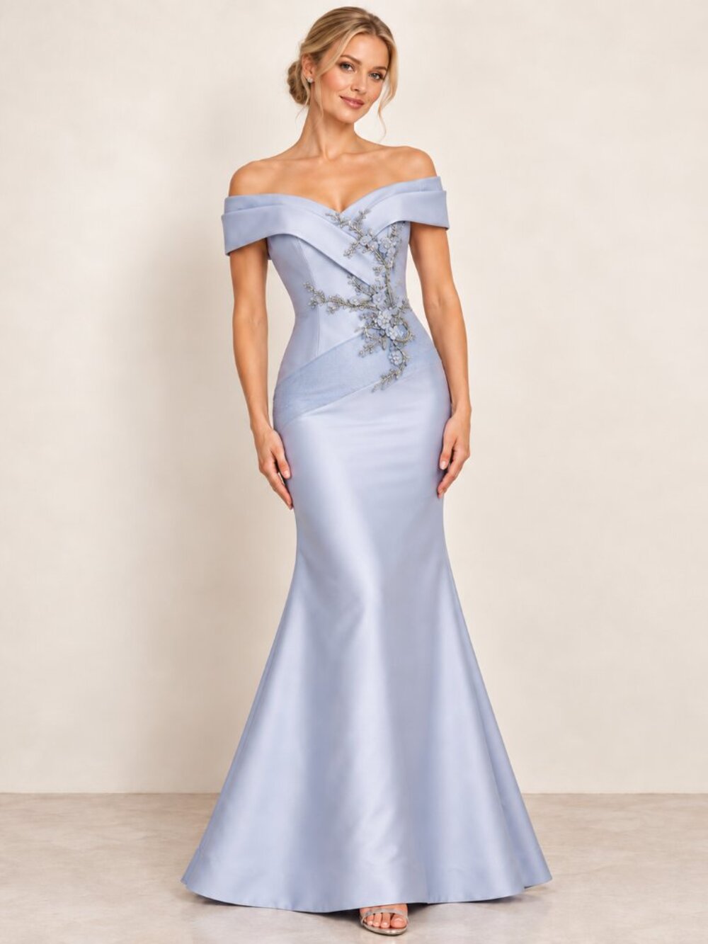 Betsy & Adam Evening Gown Blue Maxi Dress Off Shoulder Beaded Mermaid 8 READ